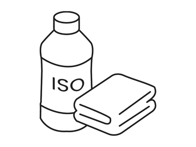 A bottle of isopropyl alcohol beside a folded cleaning cloth.