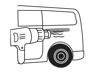 A heat gun warms film on a vehicle, with heat waves above the surface.